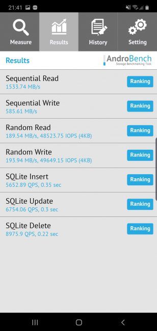 Resultados en Androbench Samsung Galaxy Note 10 Plus