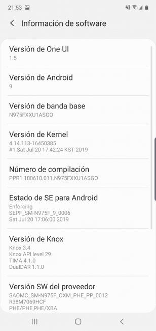 Datos sisteme en el Samsung Galaxy Note 10 Plus