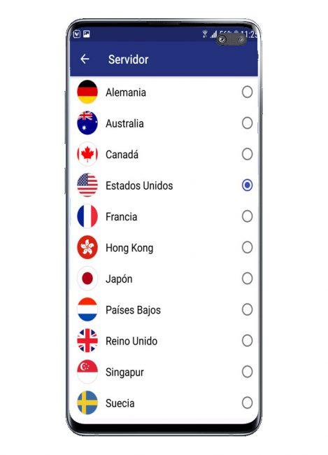 Listado de países en VPN Shield