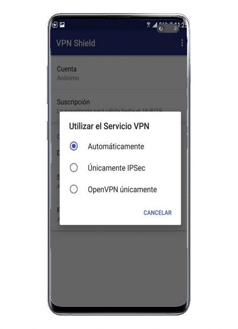 Opciones de conexión en VPN Shield