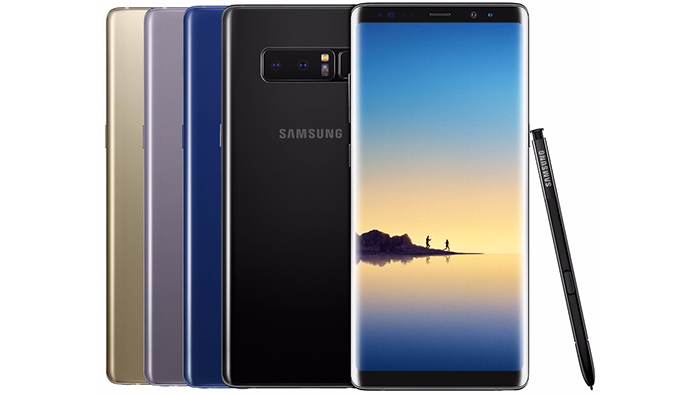 Frontal y trasera del Samsung Galaxy Note 9 en varios colores junto al S-Pen