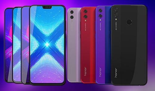 Frontal y trasera del Honor 8X en colores negro, azul, rojo y purpura