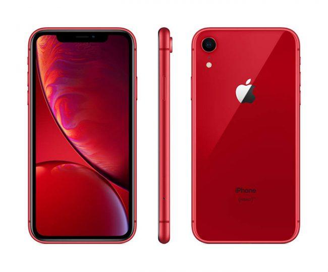 Vista del frontal, trasera y lateral del iPhone XR en rojo