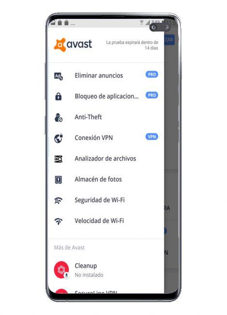 menú lateral en Avast Free Mobile Security