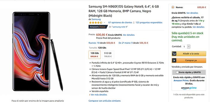 Samsung Galaxy Note 9 (6+128 gb) por 600 euros