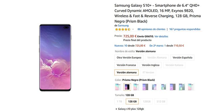 Precio del Samsung Galaxy S10 Plus en Amazon