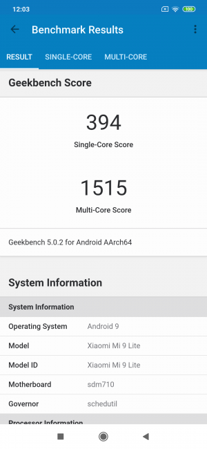 Resultado en Geekbench Xiaomi Mi 9 Lite