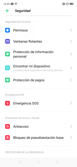 Opciones seguridad Realme X2