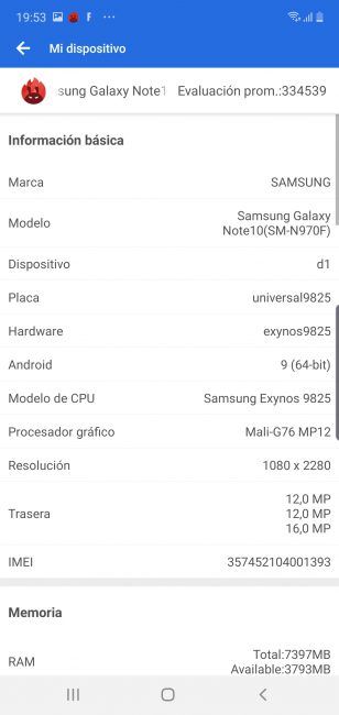 Datos ANtutu Samsung Galaxy Note 10