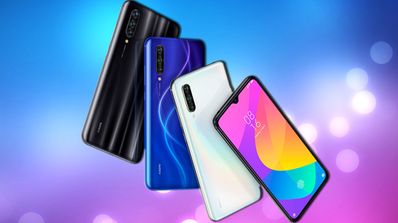 Frontal y trasera del Xiaomi Mi 9 Lite sobre fondo de colores