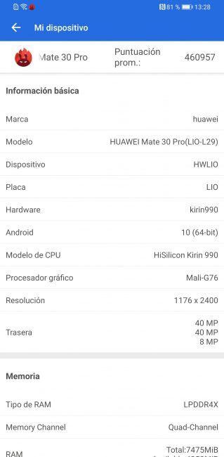 Datos antutu con el Huawei Mate 30 Pro
