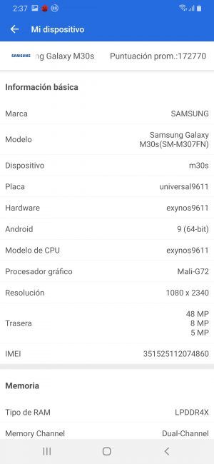 Datos AnTuTu Samsung Galaxy M30s