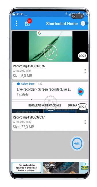 Interfaz de la app Live recorder - Live screen record with audio