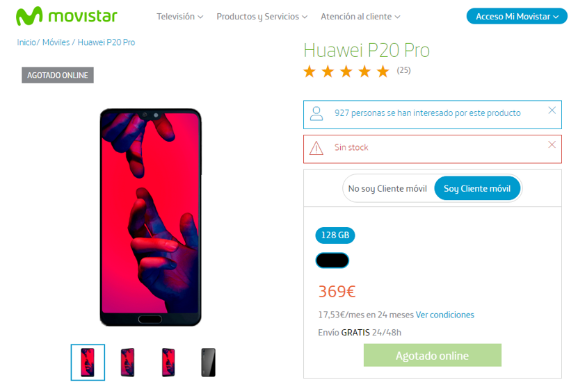 Huawei P20 Pro agotado en Movistar