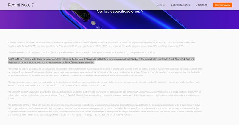 Información carga rápida Redmi Note 7