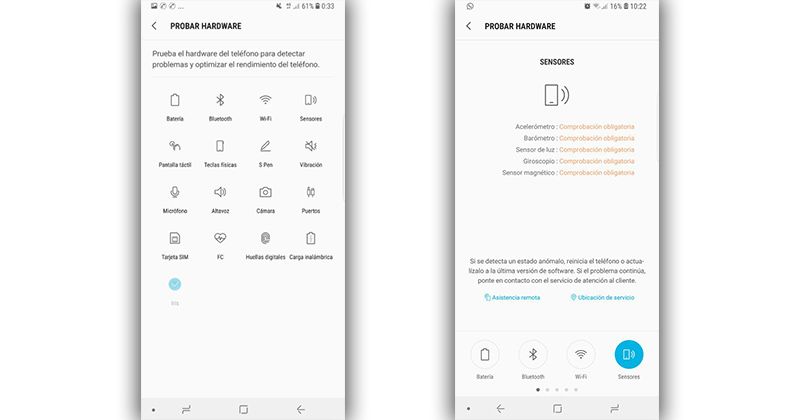 comprobar sensores samsung galaxy s8