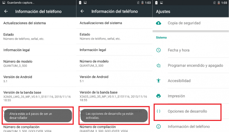 opciones desarrollador