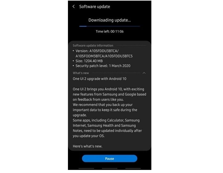 Samsung Galaxy A10 android 10