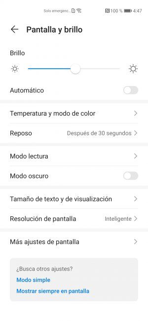 Opciones de la pantalla del Huawei P40