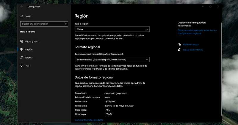 cambiar region windows 10