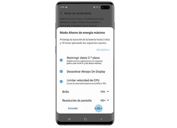 modo ahorro máximo Samsung