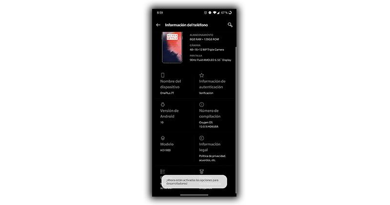 opciones desarrollador oneplus
