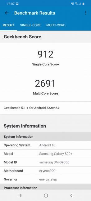 resultado en Geekbench con Samsung Galaxy S20+