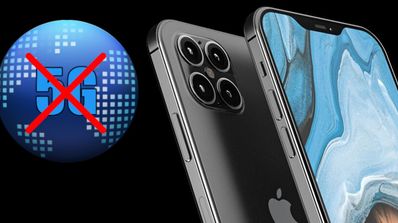 concepto del iphone 12 y logo de 5g tachado