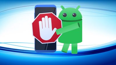 Ilustración de la mascota de Android protegiendo un smartphone