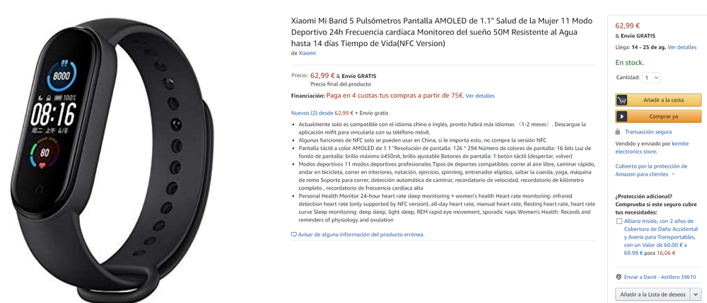 Mi Band 5 cara en Amazon
