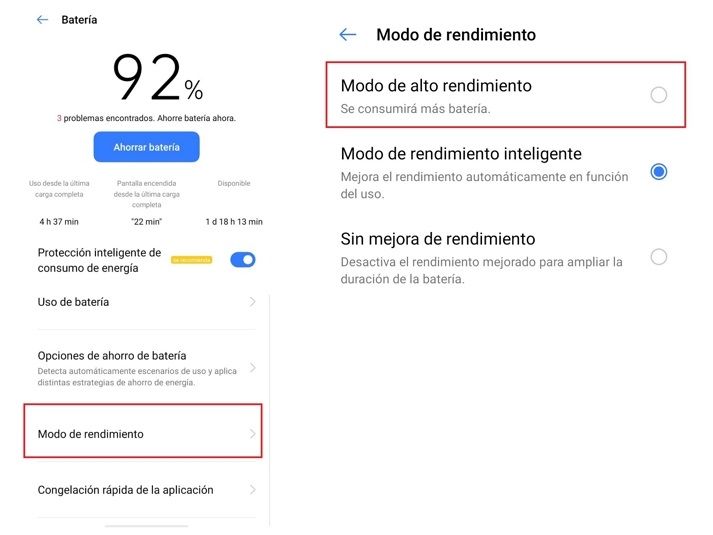 Modo Alto Rendimiento en Realme
