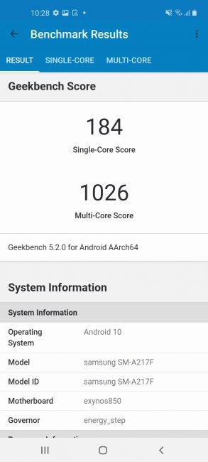 Resultado en Geekbench Samsung Galaxy A21s