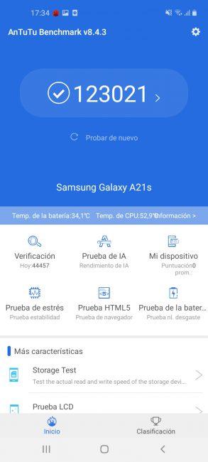 Resultado en AnTuTu con Samsung Galaxy A21s