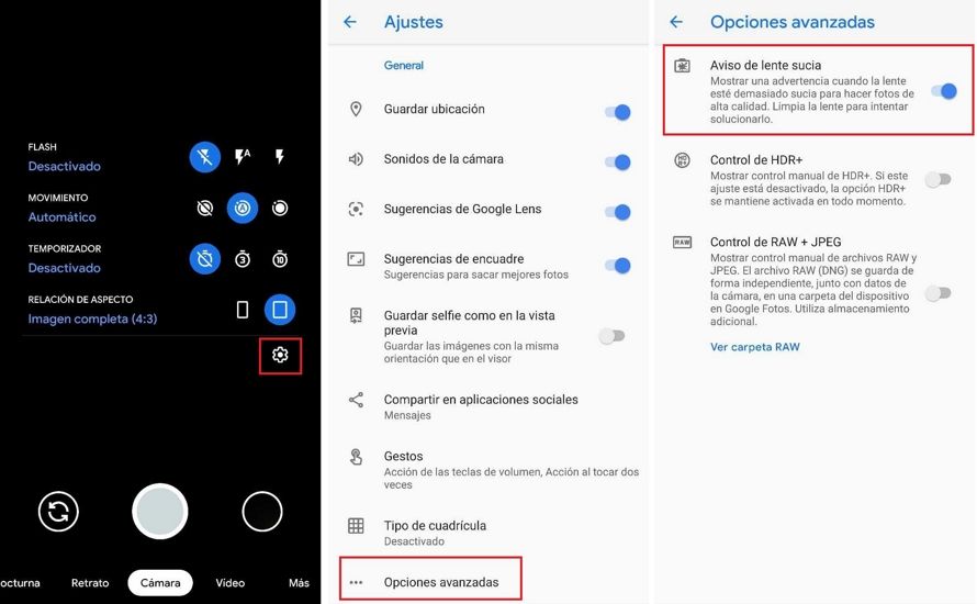 aviso de lente sucia en pixel