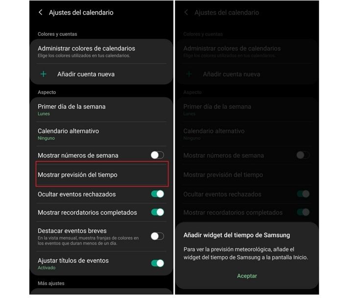 tiempo en el calendario de Samsung
