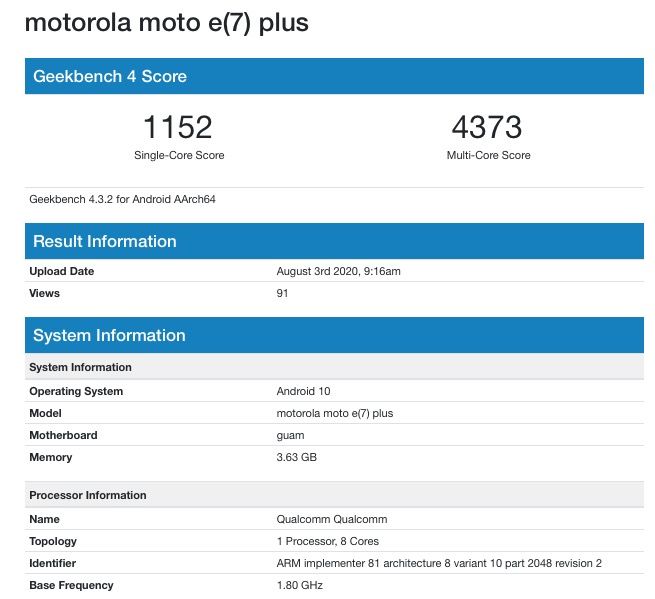 geekbench moto e7 plus