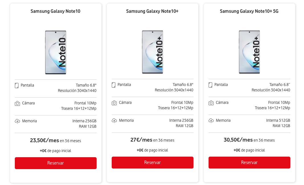 precios note 10 vodafone