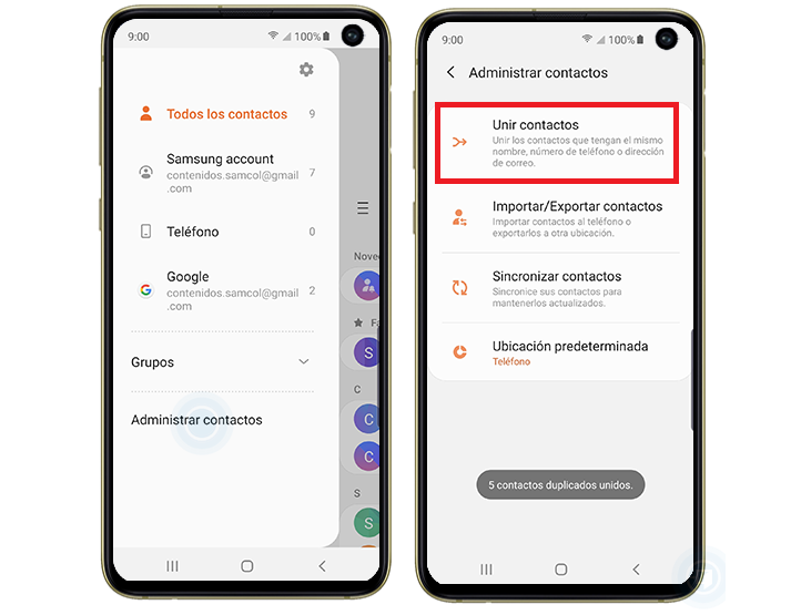 unir contactos en samsung