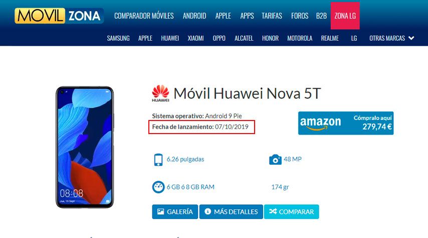 ficha huawei nova 5t fecha lanzamiento