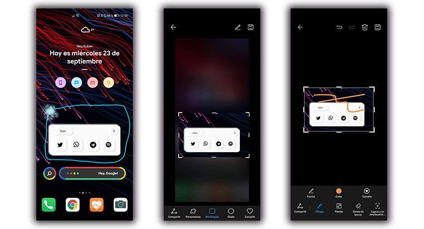 zonas pantalla capturas huawei