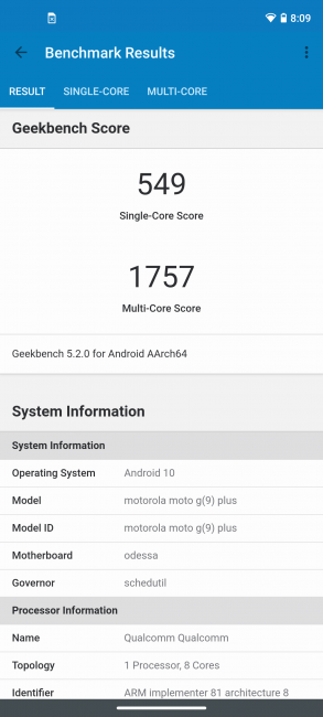 Resultados en Geekbench con el Moto G9 Plus