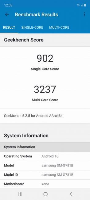 Resultado en Geekbench en Samsung Galaxy S20 FE