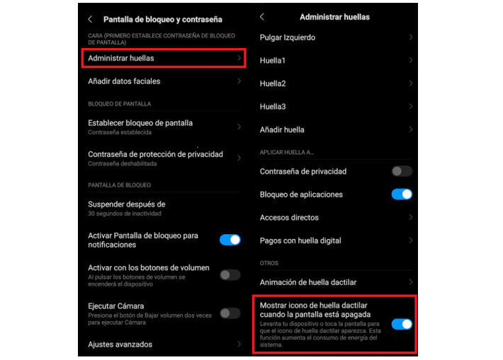 huella en xiaomi mostrar