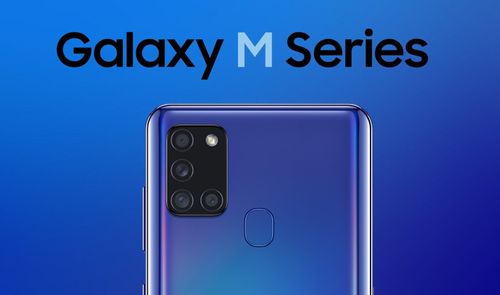 samsung galaxy m series y fondo azul