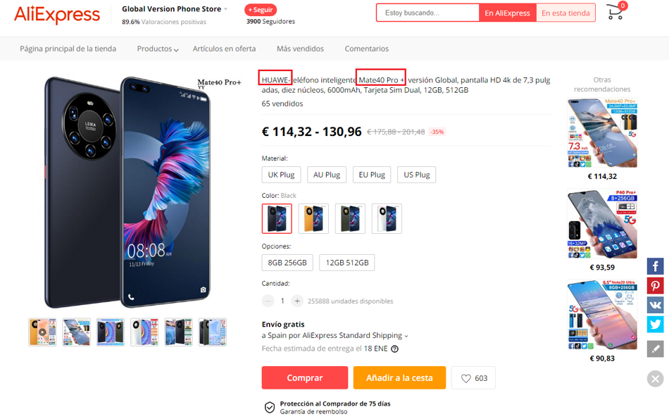 Huawei mate 40 falso en aliexpress