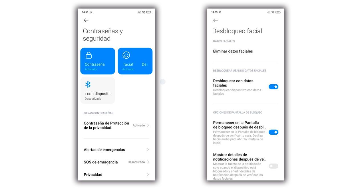 borrar reconocimiento facial Xiaomi