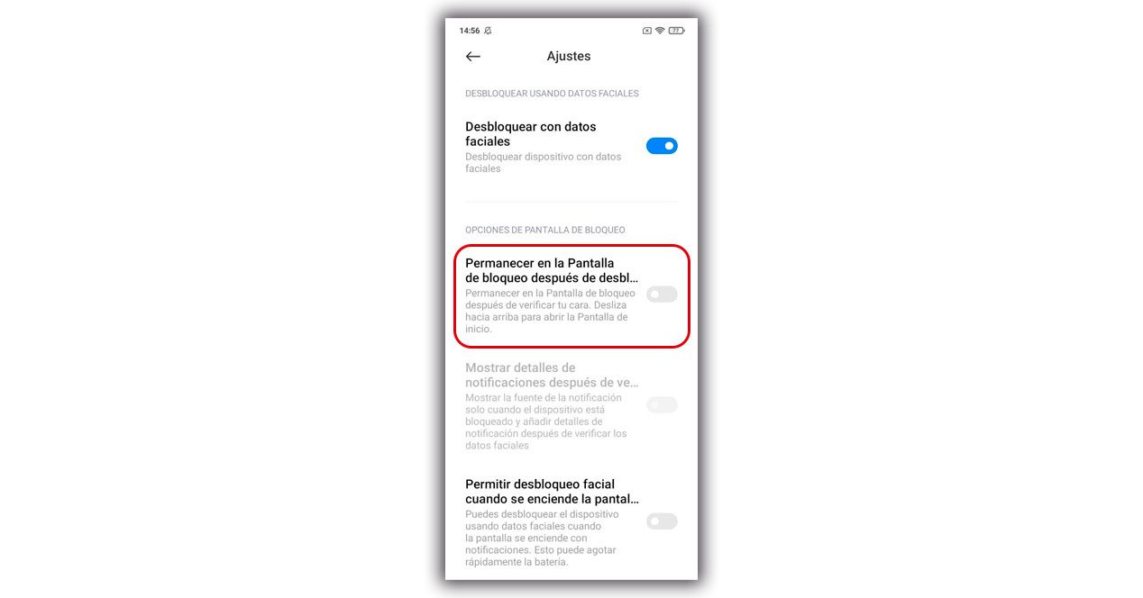 opción desbloqueo facial Xiaomi miui 12