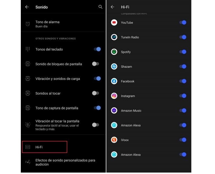 opciones hi-fi android