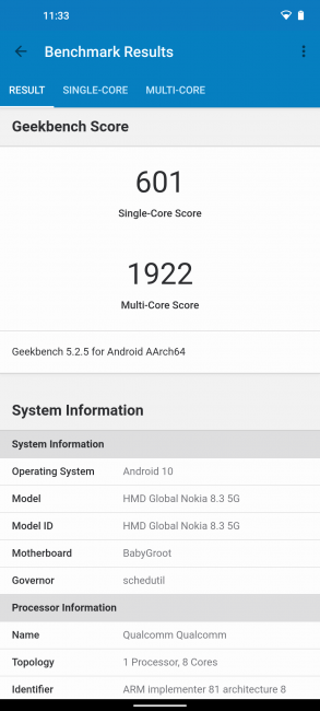 Resultado en Geekbench con el Nokia 8.3 5G