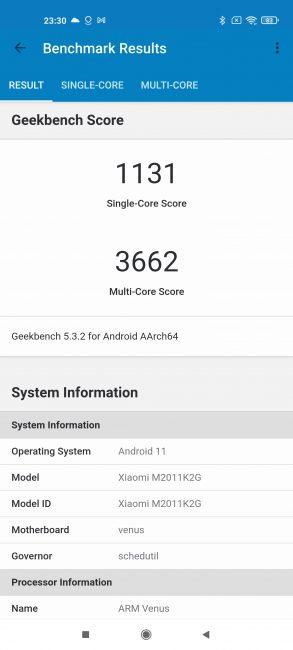 Resultado en Geekbench con el Xiaomi Mi 11